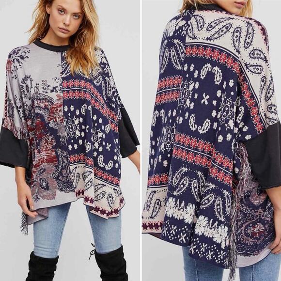 Free People Size M/L Pieced Paisley Oversized Boho Tunic Sweater Fringe Poncho - Picture 1 of 11